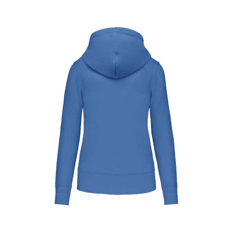 Sweat bleu personnalisable au niveau dans le dos dans notre atelier à Douvres-la-Délivrande. Coupe femme