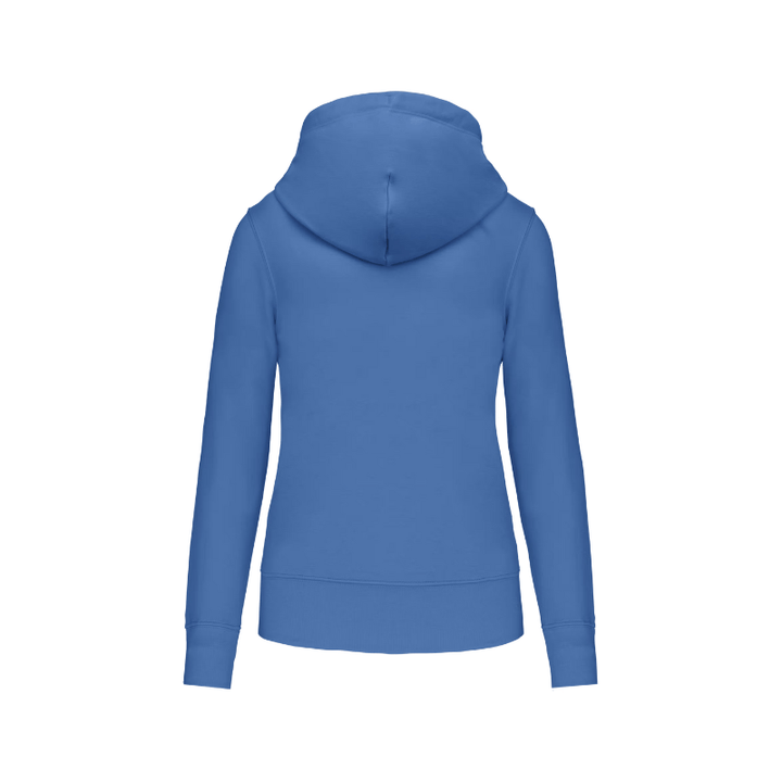 Sweat bleu personnalisable au niveau dans le dos dans notre atelier à Douvres-la-Délivrande. Coupe femme