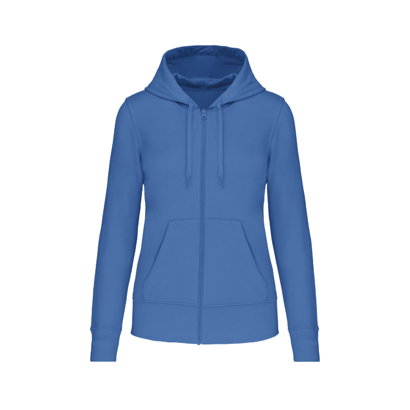 Sweat bleu personnalisable au niveau du coeur dans notre atelier à Douvres-la-Délivrande. Coupe femme