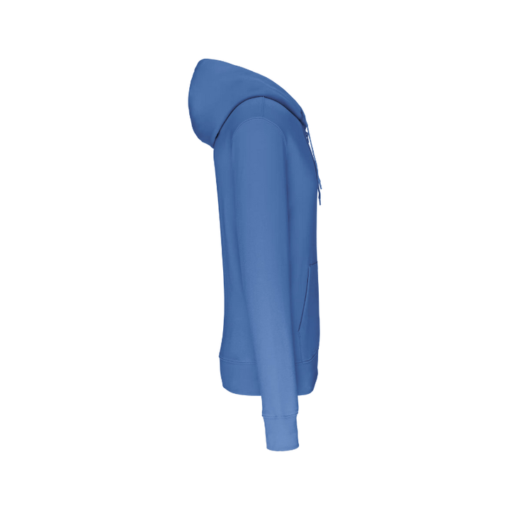 Sweat bleu personnalisable au niveau de la manche dans notre atelier à Douvres-la-Délivrande