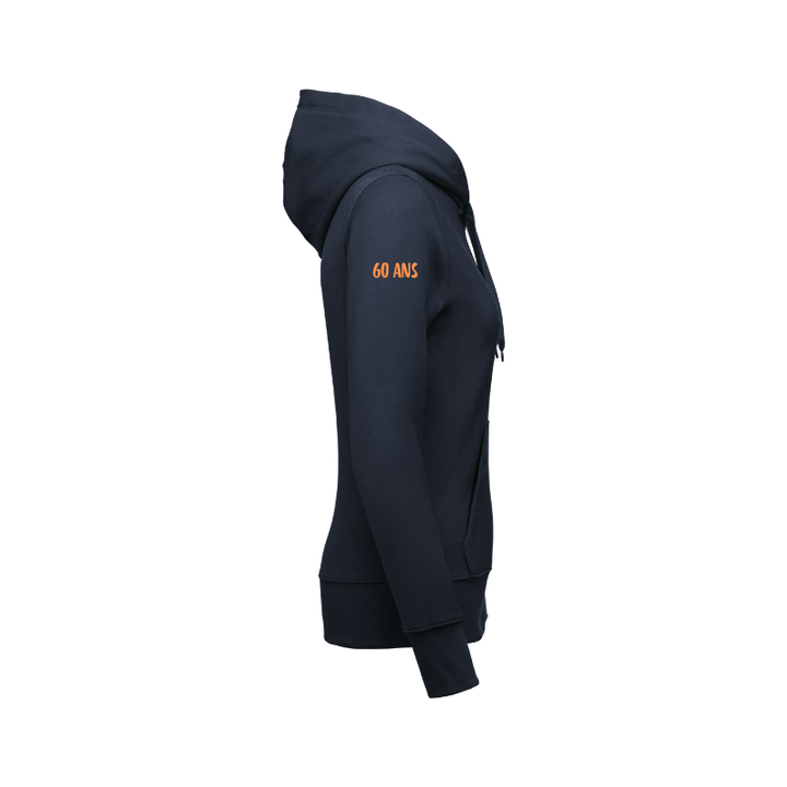 Sweat à fermeture éclair bleu marine personnalisé en sérigraphie coupe femme