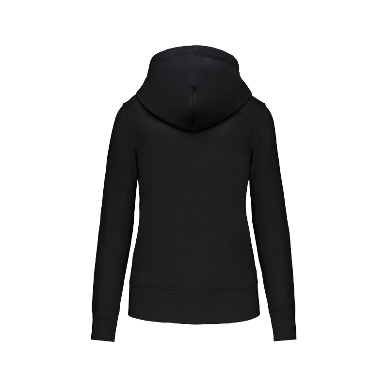 Sweat noir à capuche pour femme avec une fermeture éclair à personnaliser dans notre atelier de marquage à Douvres-la-Délivrande