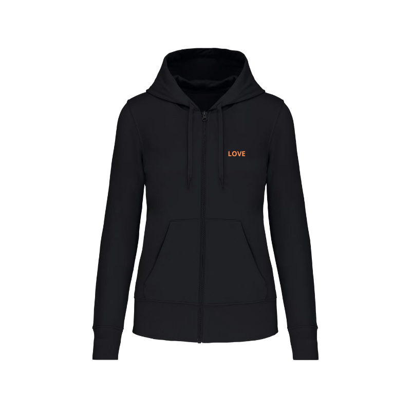 Sweat noir à capuche pour femme avec une fermeture éclair à personnaliser dans notre atelier de marquage à Caen