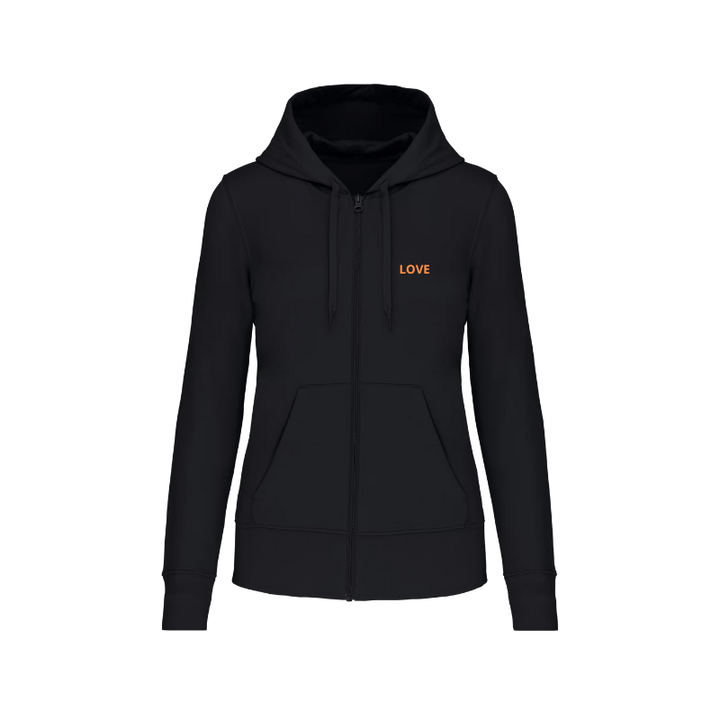 Sweat noir à capuche pour femme avec une fermeture éclair à personnaliser dans notre atelier de marquage à Caen