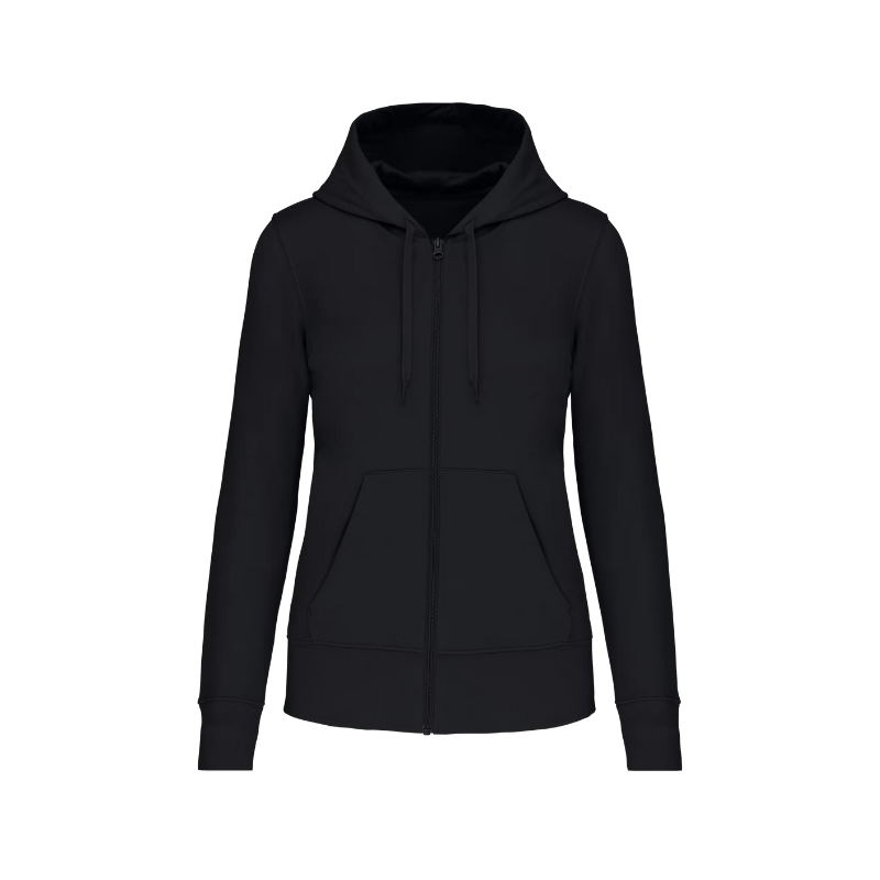 Sweat noir à capuche avec une fermeture éclair à personnaliser. Coupe femme