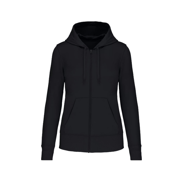 Sweat noir à capuche avec une fermeture éclair à personnaliser. Coupe femme