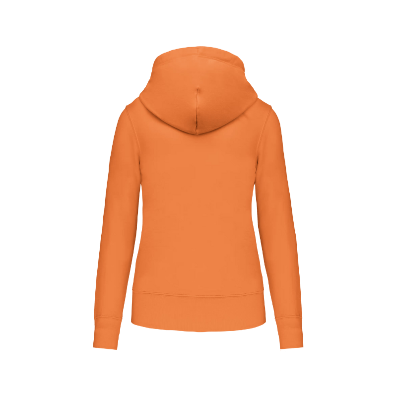 Sweat-shirt zippé orange personnalisé au niveau du dos dans notre atelier