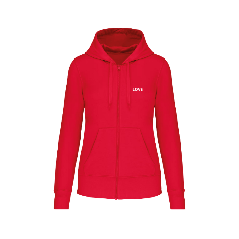 Sweat à capuche avec fermeture éclair rouge personnalisé en flocage au niveau du coeur