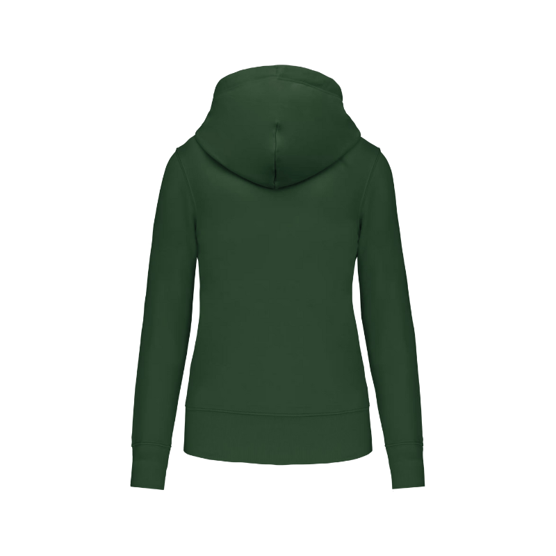 Sweat vert forêt à capuche avec une fermeture éclair à personnaliser dans le dos. Marquage dans notre atelier à Douvres-la-Délivrande