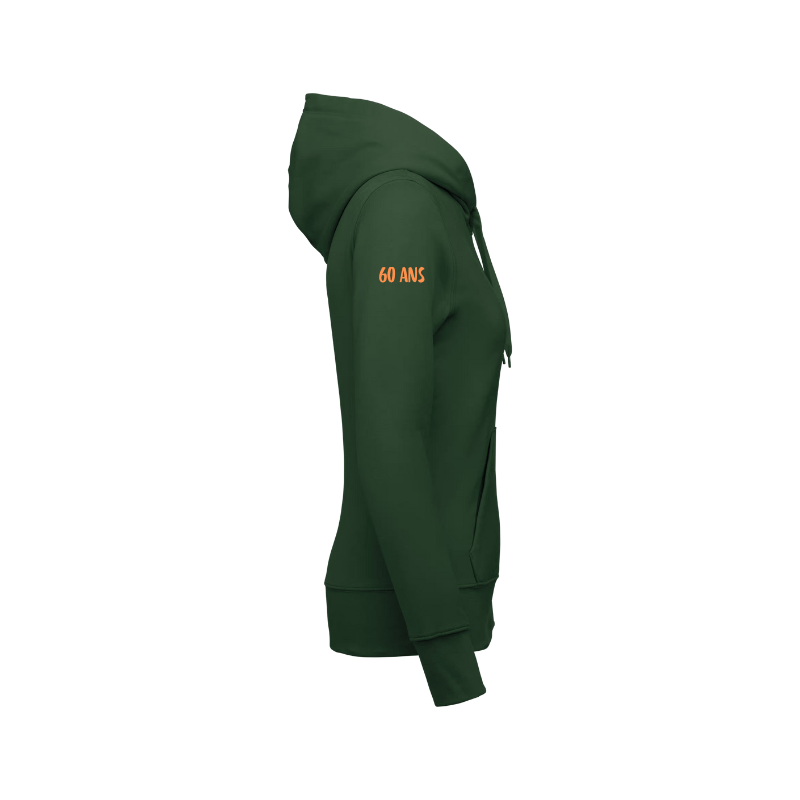 Sweat vert forêt à capuche avec une fermeture éclair à personnaliser sur la manche. Marquage dans notre atelier à Douvres-la-Délivrande