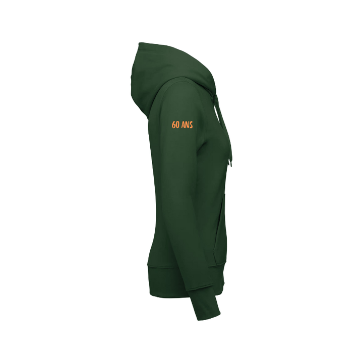 Sweat vert forêt à capuche avec une fermeture éclair à personnaliser sur la manche. Marquage dans notre atelier à Douvres-la-Délivrande