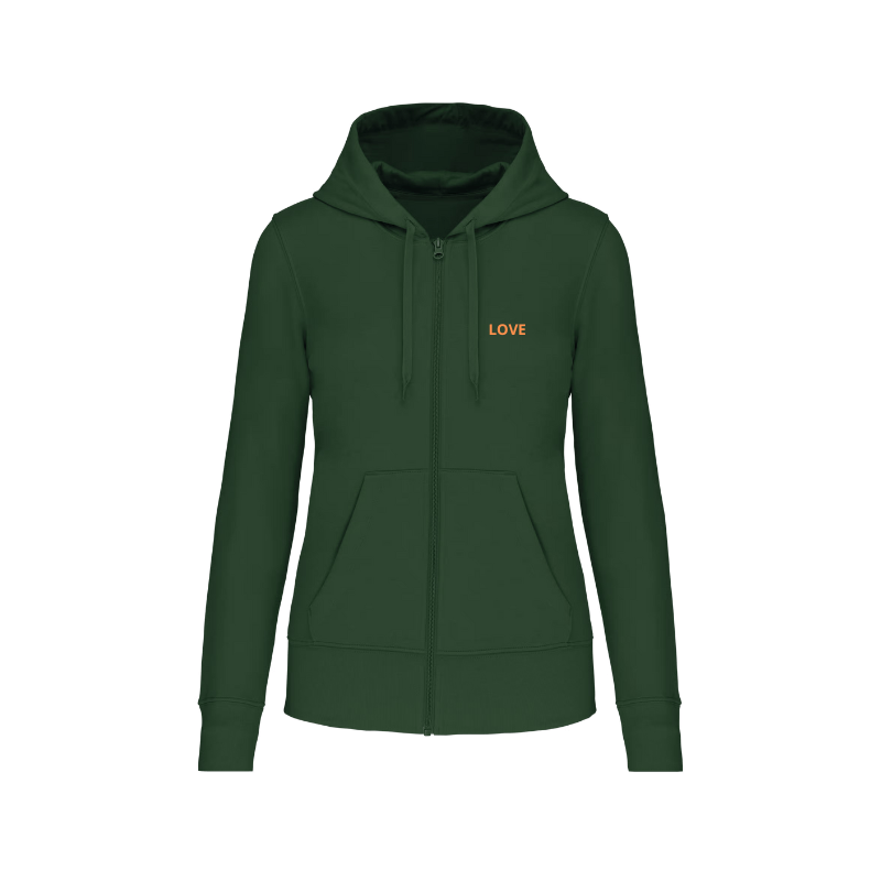 Sweat vert forêt à capuche avec une fermeture éclair personnalisé pour femme. Marquage dans notre atelier à Douvres-la-Délivrande