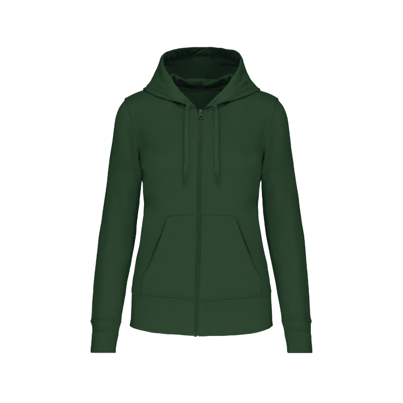 Sweat vert forêt à capuche avec une fermeture éclair à personnaliser. Marquage dans notre atelier à Douvres-la-Délivrande