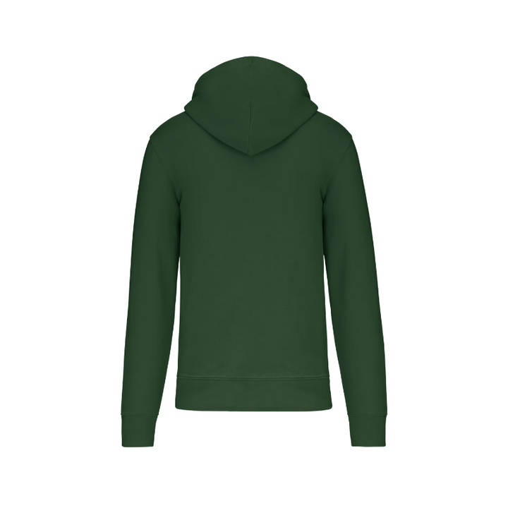 Sweat vert forêt à capuche avec une fermeture éclair à personnaliser dans le dos en sérigraphie dans notre atelier