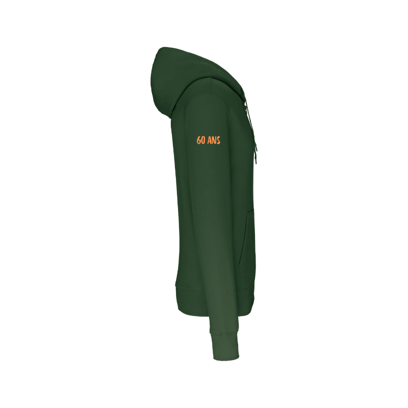 Sweat vert forêt à capuche avec une fermeture éclair personnalisé en sérigraphie dans notre atelier