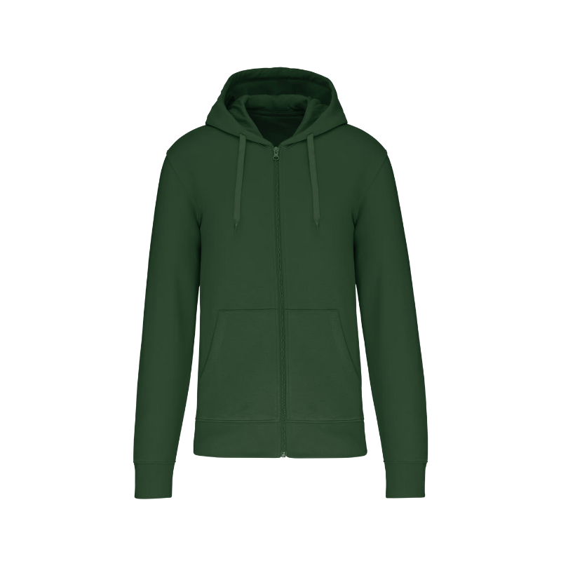 Sweat vert forêt à capuche avec une fermeture éclair à personnaliser en sérigraphie dans notre atelier