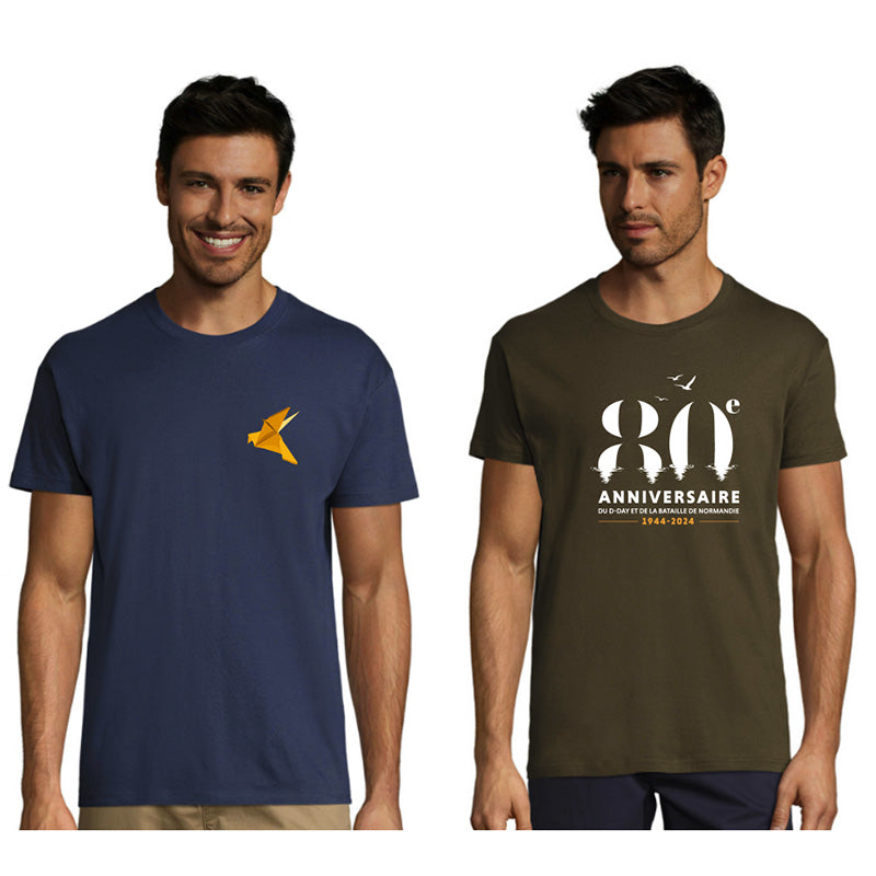 Tee-shirt floqués avec les logos du 80ème anniversaire du Débarquement. T-shirts kaki et bleu marine
