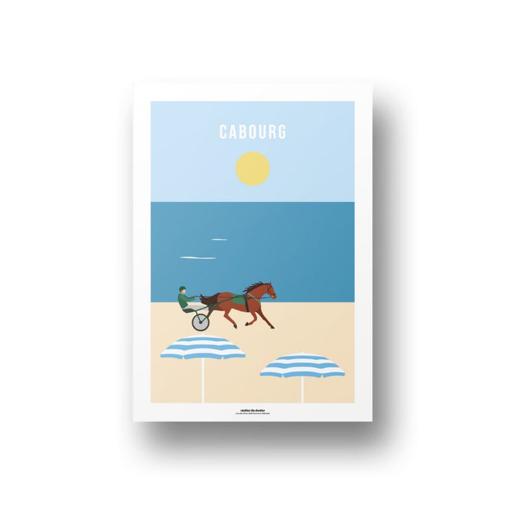 Affiche ville de Cabourg avec la mer ses parasols et son sulky