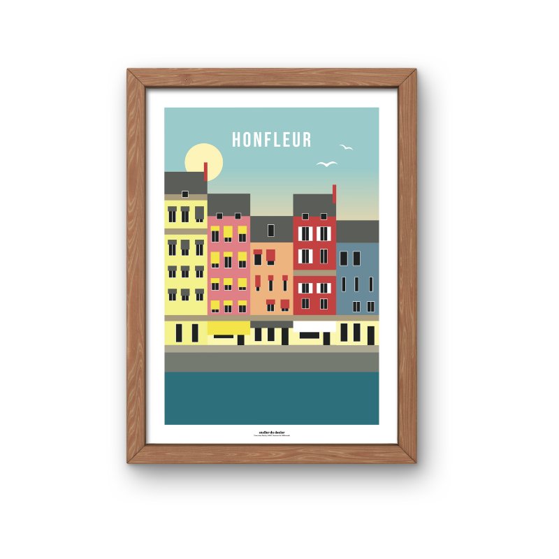 Affiche de la ville de Honfleur, son port et ses immeubles colorés