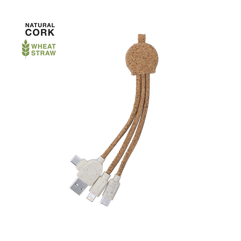 Câbles de chargement USB-C, Lightning, Micro-USB en liège et paille de blé