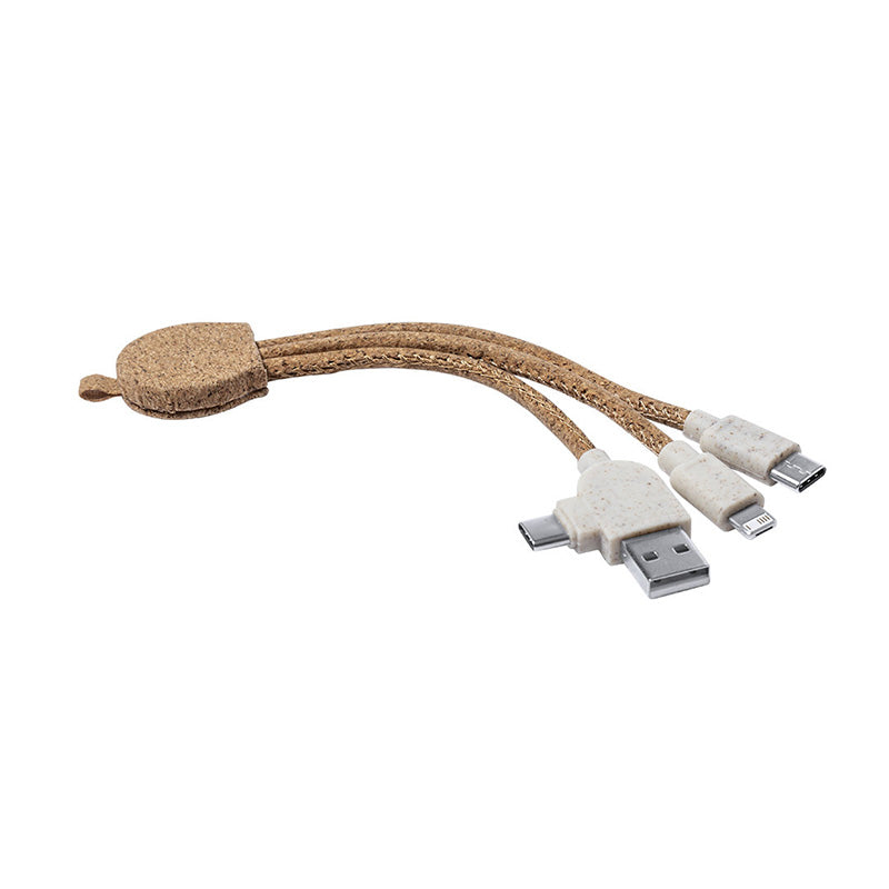 Câbles de chargement USB-C, Lightning, Micro-USB en liège et paille de blé