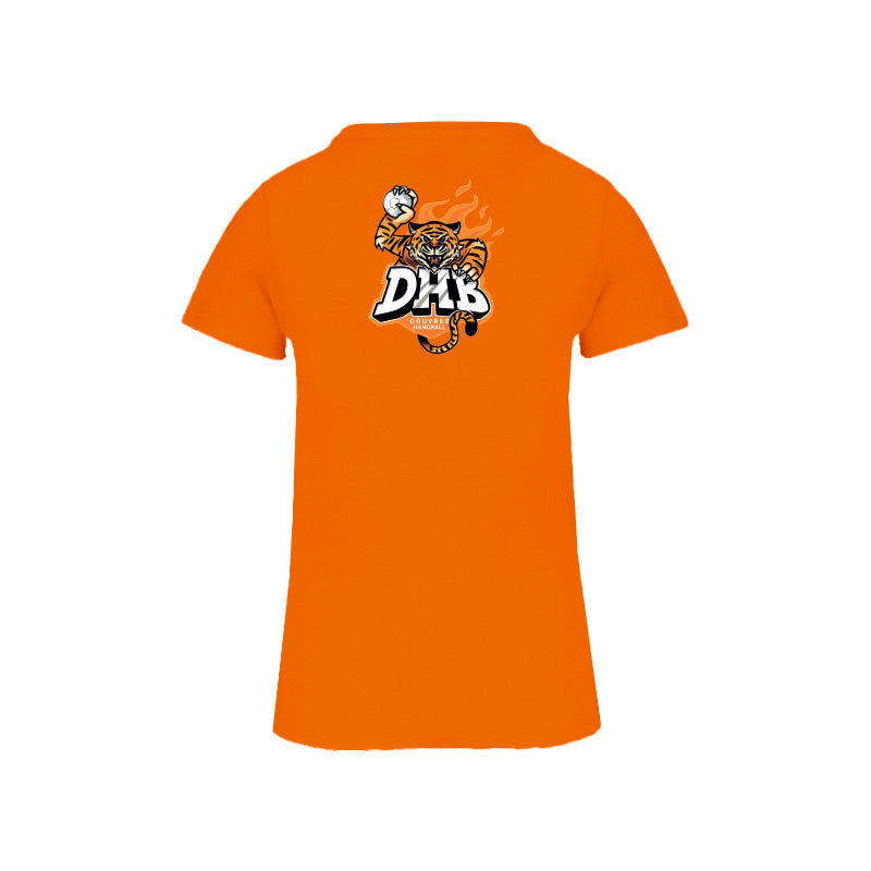 Dos du t-shirt à manches courtes orange Douvres HandBall Club pour femme avec logo