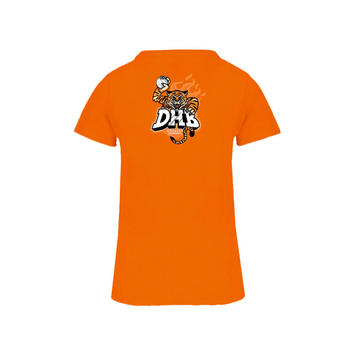 Dos du t-shirt à manches courtes orange Douvres HandBall Club pour femme avec logo