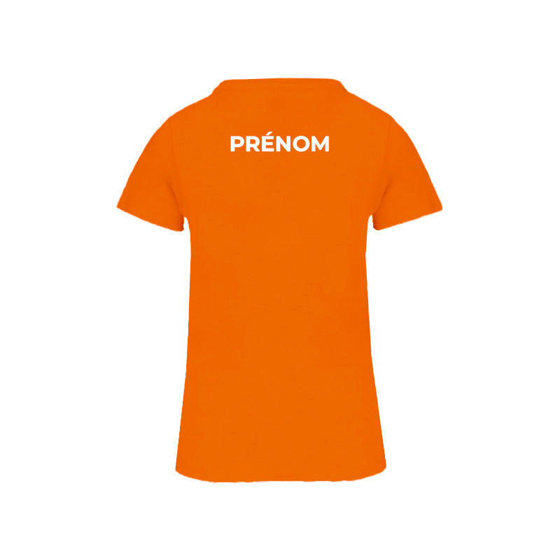 Dos du t-shirt à manches courtes orange Douvres HandBall Club pour femme avec prénom