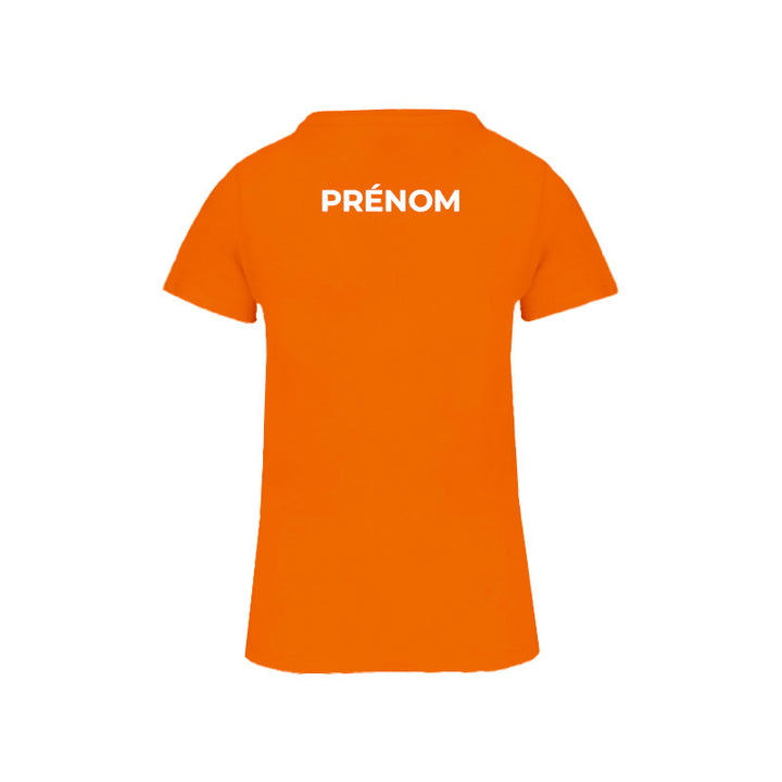 Dos du t-shirt à manches courtes orange Douvres HandBall Club pour femme avec prénom