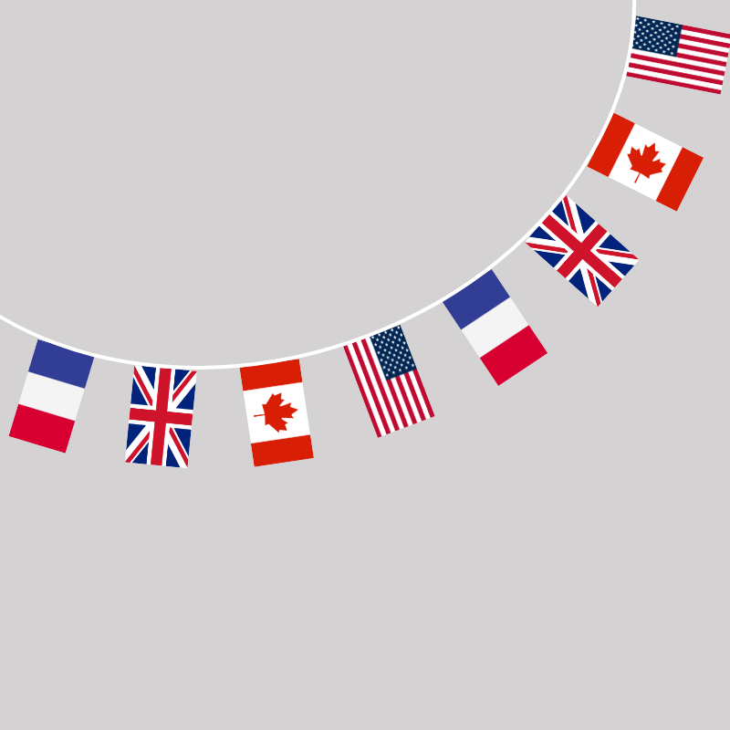 Guirlande de drapeaux à l'unité avec des fanions en tissus imprimés aux couleurs du Débarquement.