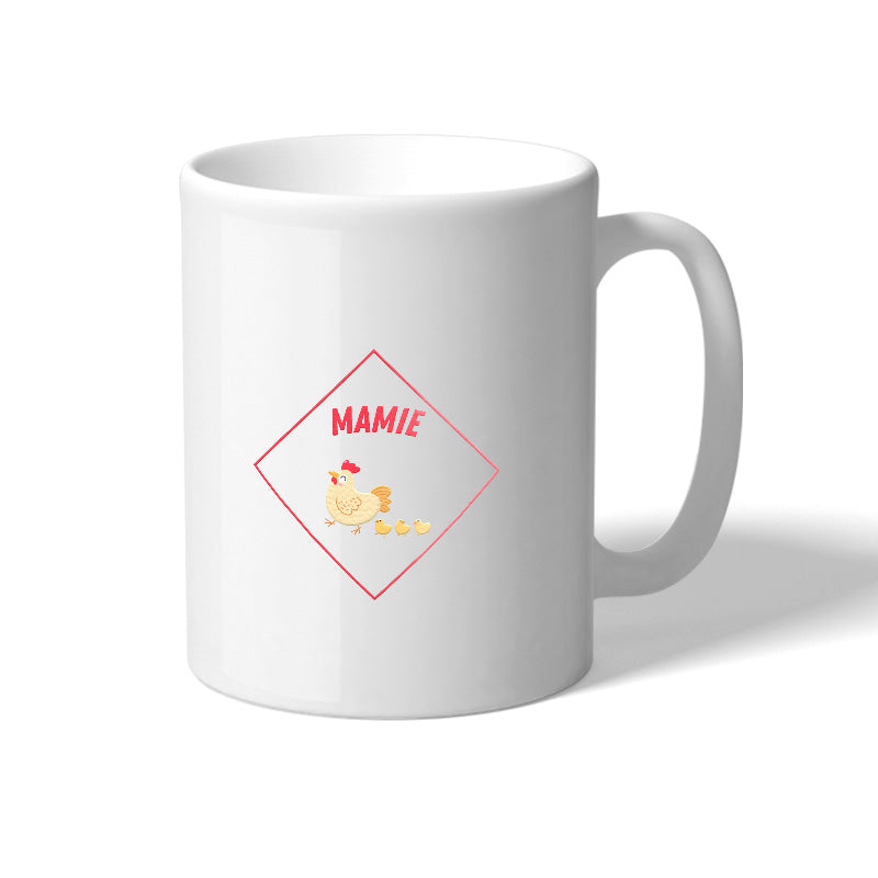 Mug blanc avec des designs colorés et humoristiques