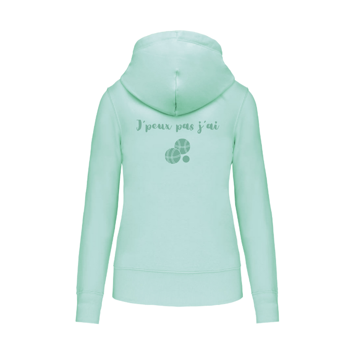 sweat imprimé jpeux pas j'ai pétanque pour les amateurs sur un sweat à capuche vert d'eau