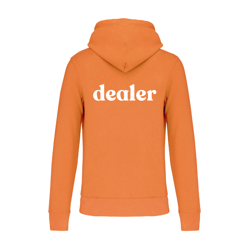 Sweat orange coupe homme imprimé dans le dos texte, image, logo d'entreprise, photo