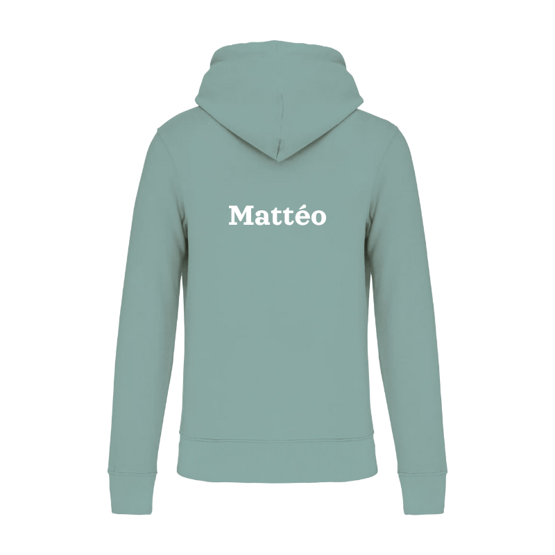 Sweat à capuche vert pastel personnalisation prénom dans le dos