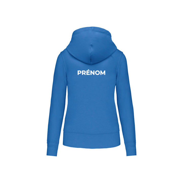 Dos du sweat-shirt à capuche Nacre Triathlon pour femme avec prénom