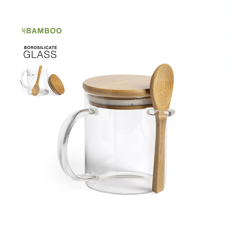 Tasse en verre avec couvercle et cuillère en bambou
