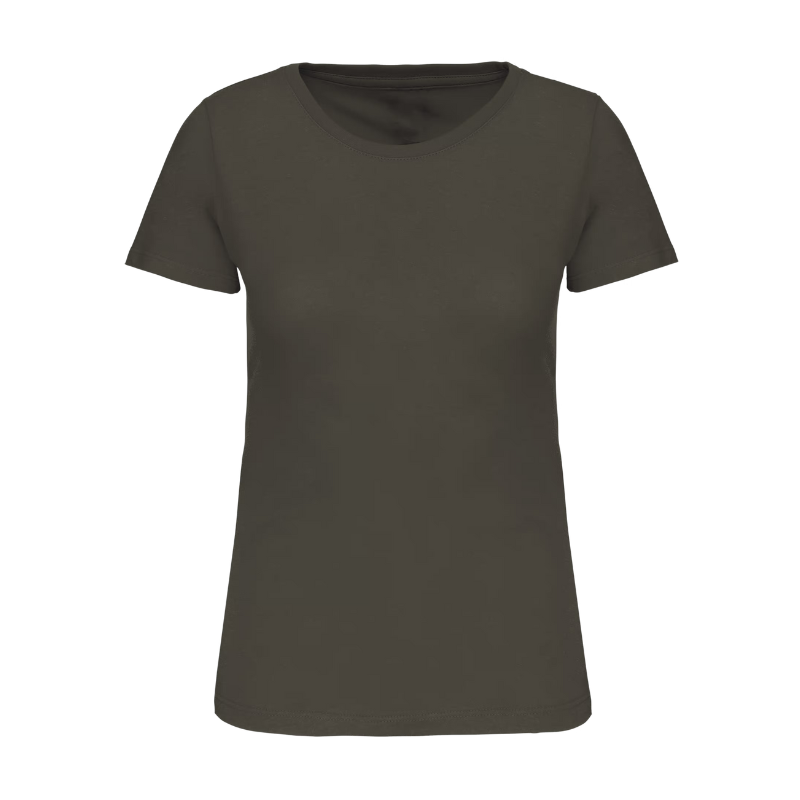 Tee-shirt pour femme à personnaliser de couleur kaki foncé. Coupe adaptée. Choisir taille habituelle. Coupe femme