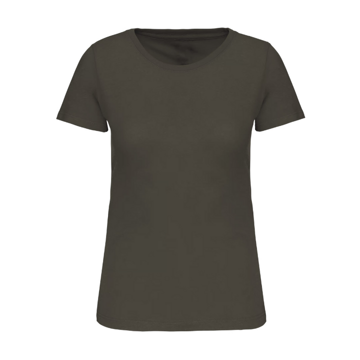 Tee-shirt pour femme à personnaliser de couleur kaki foncé. Coupe adaptée. Choisir taille habituelle. Coupe femme