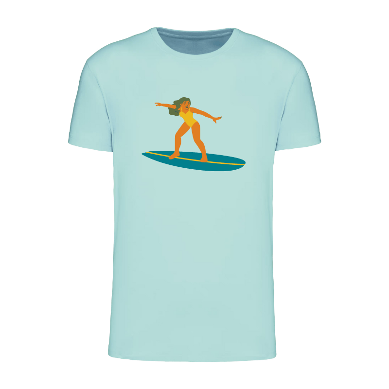 Marquage vêtement pour les surfeurs. T-shirt bleu en coton biologique