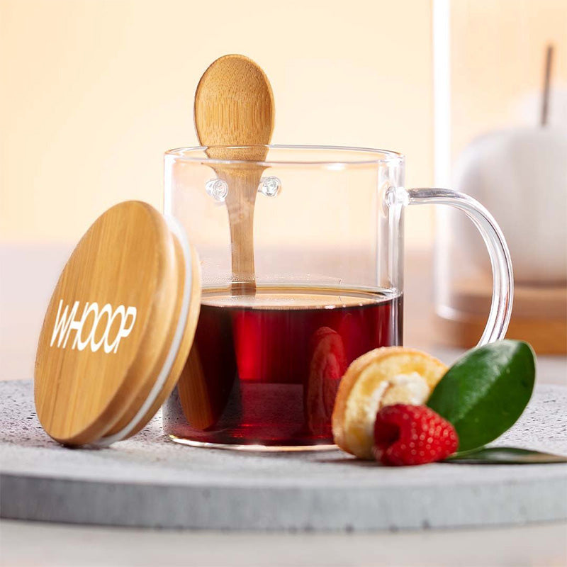 Tasse en verre avec couvercle et cuillère en bambou