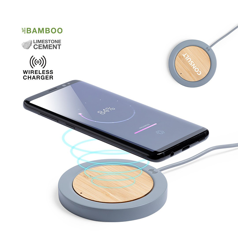 Chargeur sans fil rond en Bambou et Ciment Calcaire Tarifs dégressifs disponibles induction