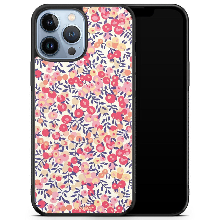 Coque téléphone avec des motifs de fleurs rose, modèle Liberty rose en silicone noir de chez Dealer de coque