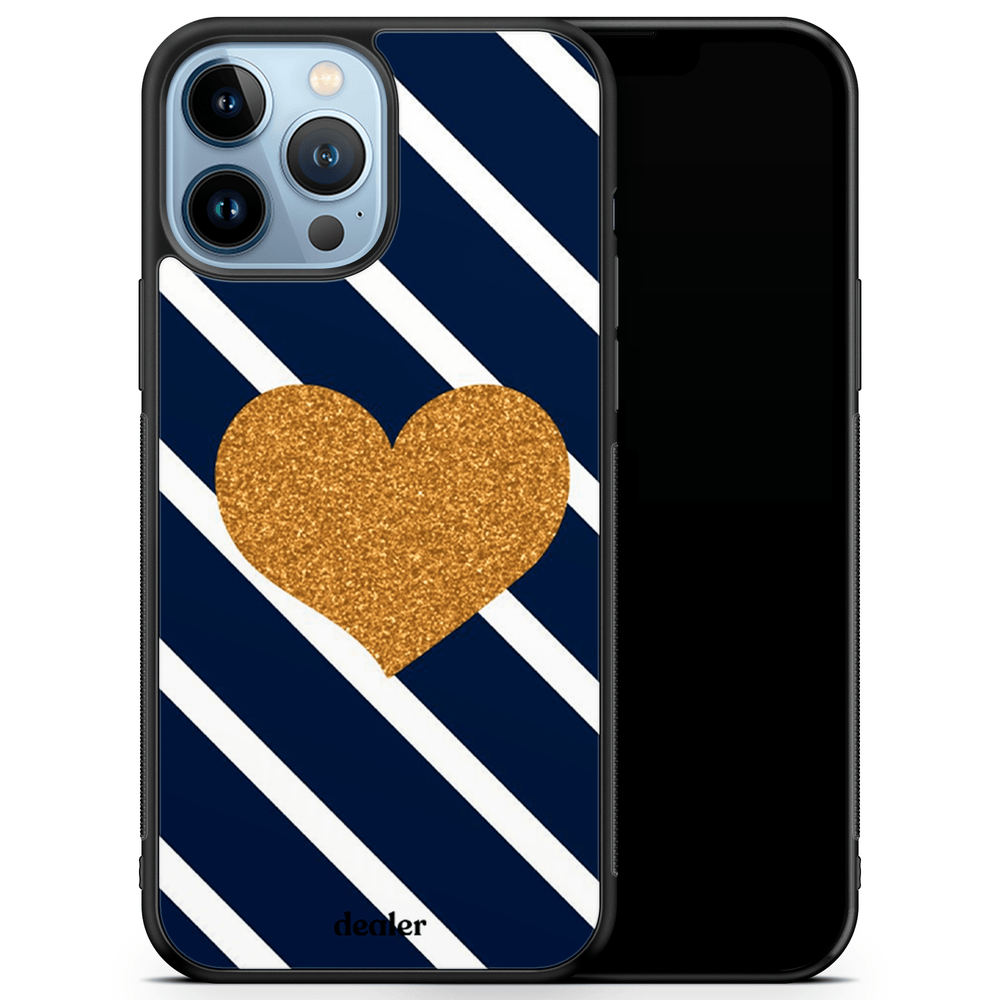 Coque de téléphone avec un coeur en or sur fond bleu et blanc, coque en silicone renforcé Dealer de coque