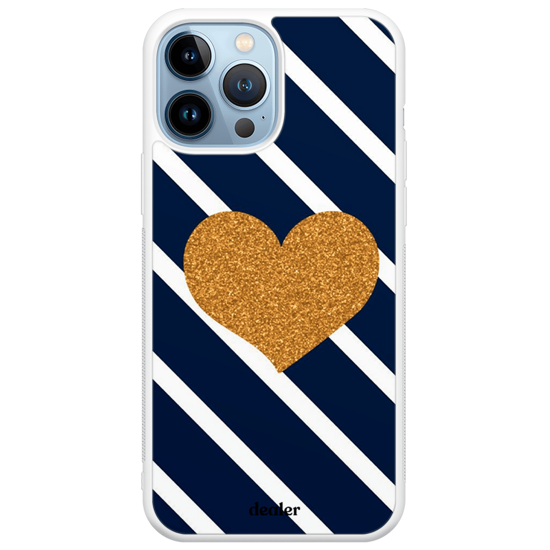 Coque de téléphone avec un coeur en or sur fond bleu et blanc, coque en silicone renforcé Dealer de coque