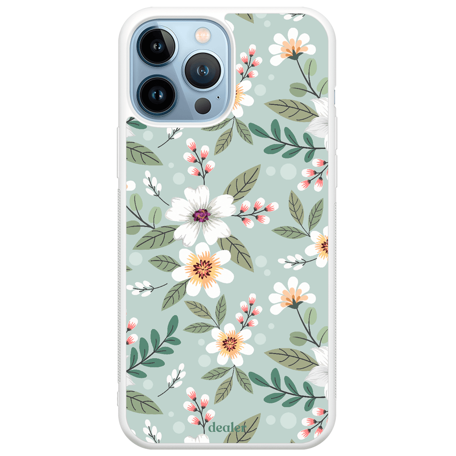 Coque avec des motifs fleuris vert, modèle Liberty of Paris en silicone renforcé de chez Dealer de coque