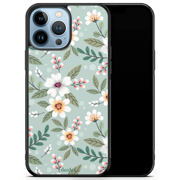 Coque avec des motifs fleuris vert, modèle Liberty of Paris en silicone renforcé noir de chez Dealer de coque